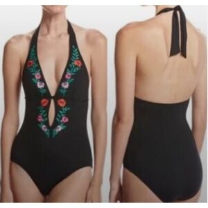 Kate Spade Resort/Vacay Black Floral Embroidered One Piece Swimsuit Size L